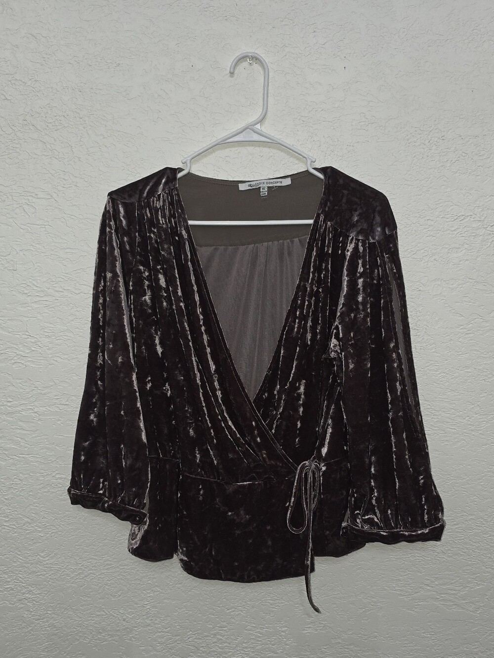 Collective Concepts Crushed Velvet Wrap Blouse - Deep Brown